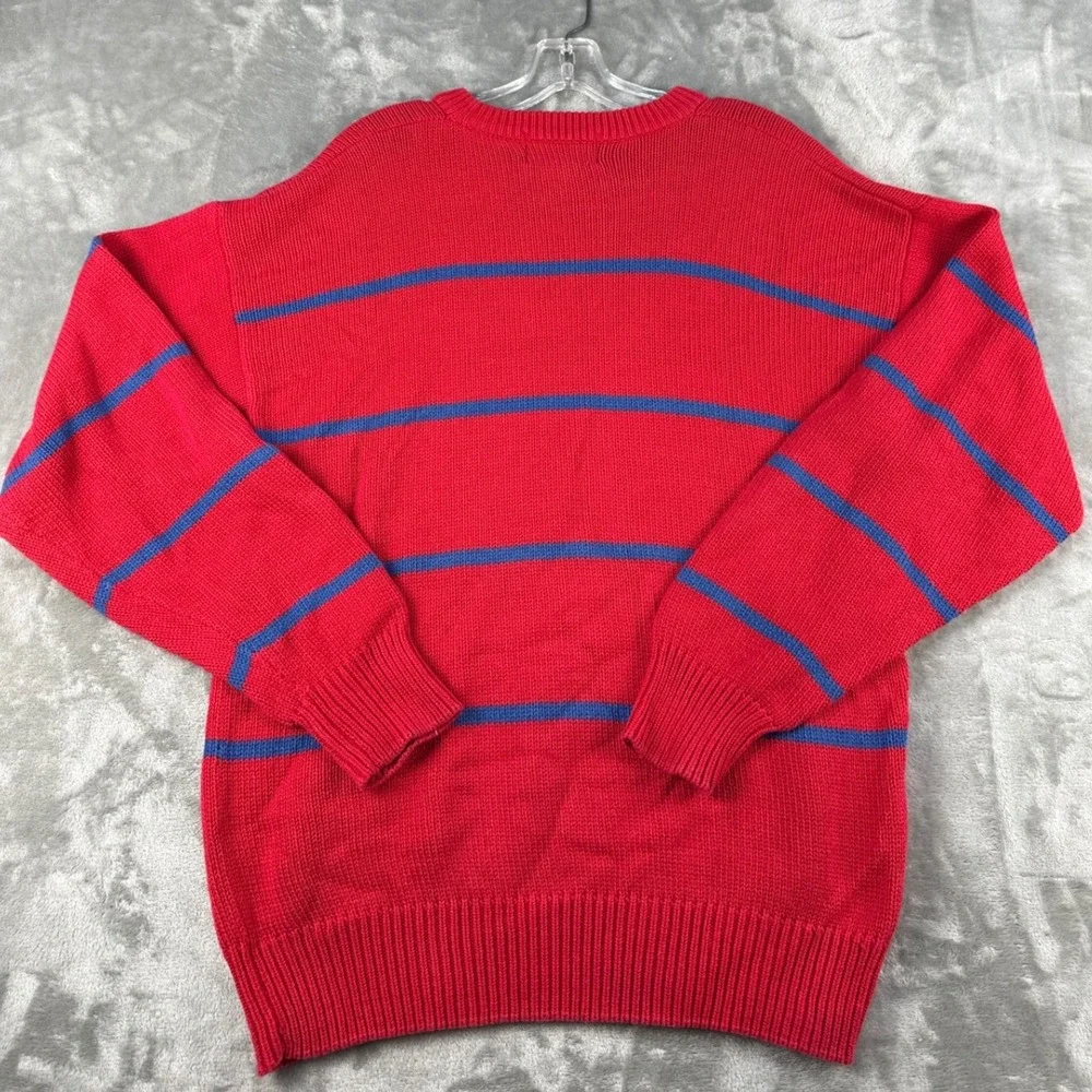 Eddie Bauer Sweater Mens L Striped Red Blue Cotton Shaker Knit EUC